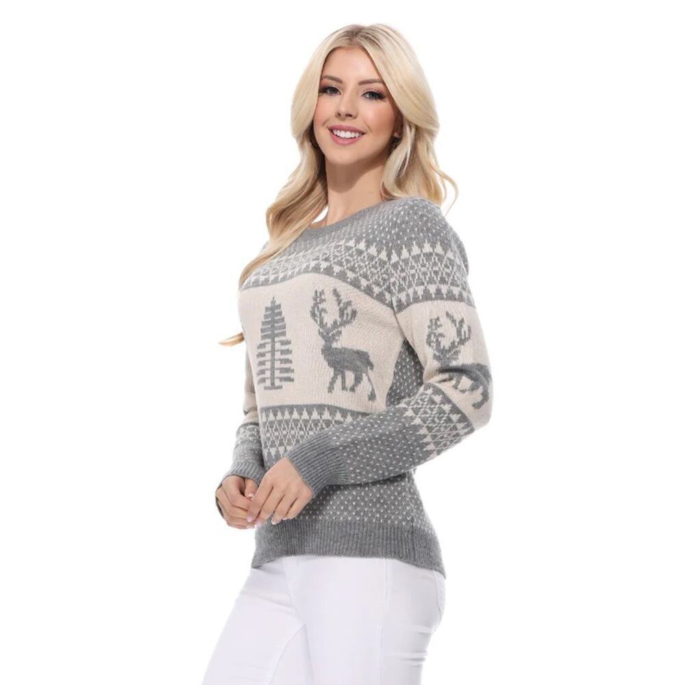 Christmas Fair Isle Moose Knit Sweater Gray and White Women's Size M